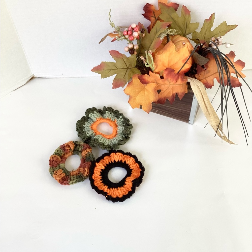 Hair Scrunchies Fall Set Hand Crafted Orange Green Rust Crochet October